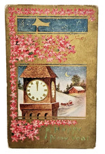 Antique 1913 Happy New Year Postcard Clock Midnight Sleigh Gold Floral picture