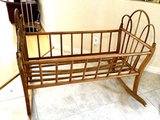 Vintage 1940's Amish Style Turned Spindle & Cane Maple Baby Rocking Cradle picture