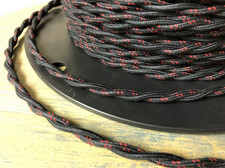Cloth Covered Twisted Wire- Black w/ Red Tracer Stitch, Vintage Style Lamp Cord picture