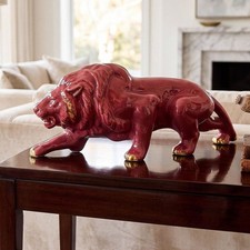 Rare Large Art Deco Vtg Red Ceramic Lion Figurine Gold Accents 13.5