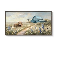 Cuspin Large Framed Farmhouse Wall Art Highland Cow Barn Floral 20x40 picture
