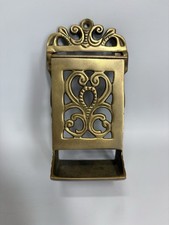 Antique Solid Cast Brass Match Holder Wall Mount Fireplace Filigree Gold Tone picture