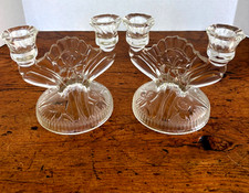 Jeannette Iris Herringbone Clear Glass Double Candlesticks Pair Depression Excel picture