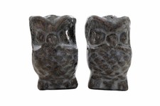 Pair Of Owl Salt Pepper Shakers Glazed Ceramic Brown Gray Small w Stoppers picture