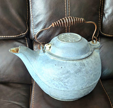 Marion 9 Cast Iron Tea Kettle Silver Matte w/ Lid Wire Handle Rare picture