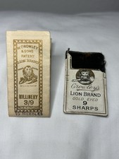 Antique Vintage Crowley's Lion Sewing Needle Lot Of 2 Gold Eye Sharps Millinery picture