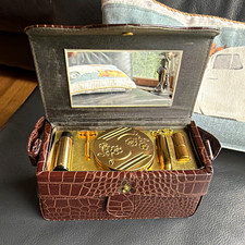 Vintage Brown Croc-Embossed Vanity Makeup Travel Case w/ Mirror picture