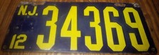 Antique 1912 New Jersey Porcelain License Plate 34369 Horace E. Fine Co. Trenton picture