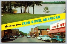 Iron River Michigan Greetings~Hagerman Lake~Genesee St~Red Owl~UNP 1958 Postcard picture