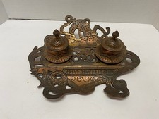 Antique Viking Revival Double Inkwell - Cast Bronze Norse Dragon Knotwork #2348 picture