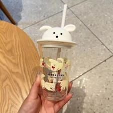 Starbucks 12oz Cute Dog Puppy Print Clear Glass Tumbler With Dog Ear Lid & Straw picture