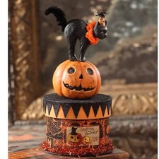 New Bethany Lowe Party Cat On Box Black Cat Pumpkin Jack O Lantern Halloween picture