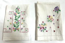 Linen Tea Towels Hand Cross Stitch Set of 2 Embroidery Flowers Vintage picture