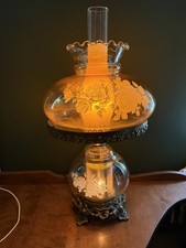 Vintage Hurricane Lamp Clear Smokey Melon Shade with Roses 19