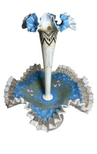 Blue White Ruffled Victorian Hand Painted Enamel 2 Pc Blown Single Horn Epergne picture
