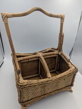 Vintage 1970s Bamboo Wicker Wine Caddy Basket Boho Mid Century Utensil Organizer picture