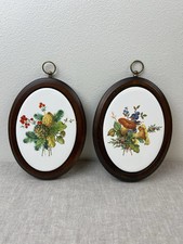 Vtg Set of 2 Woodland Mushroom Pine Wall Plaques Ceramic Wood Frame Oval Cottage picture