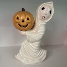 Vintage Halloween Ceramic Ghost Holding Pumpkin Halloween Jack-o-Lantern 12
