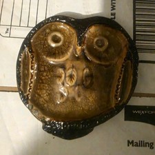 Owl Bird Face Figurine Collectible Brown & Black Glazed picture