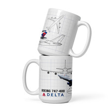 Delta Airlines Boening 747-400 Ceramic Mug 15oz Blueprint Theme Queen of The Sky picture