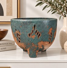 Vintage Rustic Textured Handcrafted Terracotta Teal Blue Pot Planter Art Pottery picture