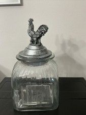 Vintage Artland  Ribbed Glass Canister with Rooster Lid Pewter Farmhouse picture