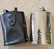 Vintage Hammered Metal 16 oz Flask & leather case  Austria MCM Barware picture