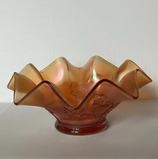 Vintage Dugan Marigold Iridescent Carnival Glass Bowl Triplets Floral 7x 3.5 In. picture