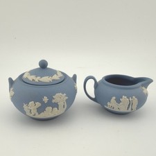 Wedgwood Jasperware Miniature Cream and Sugar Set Blue White Neoclassical Set picture