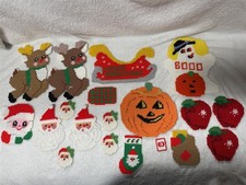 VINTAGE CHRISTMAS HALLOWEEN & SOME APPLES HANDMADE FINISHED PLASTIC CANVAS  picture