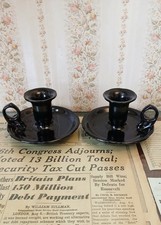 Pair Of Mid-Century Hall China Black Chamberstick Candle Holders w Loops Vintage picture
