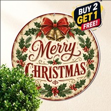 Merry Christmas Festive Holiday Round Metal Sign Winter Seasonal Tin Plaque picture