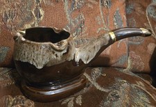 Vtg NAPCO PIPE SHAPED ASHTRAY Glazed Ceramic Pottery Brown drip with Gold Trim picture