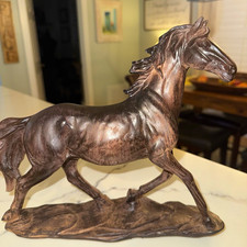 Running Horse Figurine Sculpture Bronze Tone Resin Equestrian Decor 11” picture