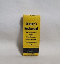 Vintage Matchbook Lowery's Restaurant Tappahannock Virginia Advertising Full picture