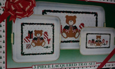 Vintage Himark 3 Pc Lacquerware Japan Tray Set Christmas Tree Teddy Bear NOS picture