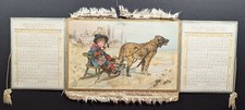 Antique 1885 Seasons Greetings Girl Sled Dog Fold Out Calendar (Some Wear) picture