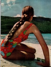 Vintage 60s Magazine Print Mod Floral Swimsuit Beach Scene 8x11 Red picture
