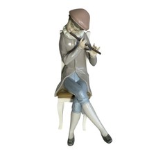 Lladro 4877G Boy Playing Flute Seated Chair Porcelain Figurine Vintage 1947-81 picture