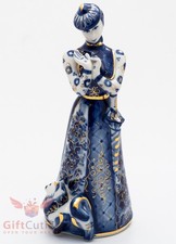 Gzhel Porcelain Victorian Lady With Dog Figurine Hand Made & Painted picture