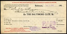 BALTIMORE, MD ~ The Baltimore Club ~ Six Months Dues Receipt July 1905 picture