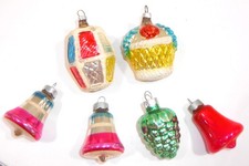 6 Vintage Mercury Glass Christmas Ornaments Fruit Basket -Lantern -Grapes -Bells picture