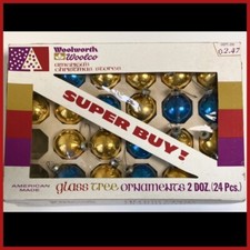 Vtg 1970’s Woolworth 22 Shiny Glass Christmas Ball Ornaments in Original Box USA picture