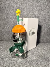 Starbucks Peanuts Snoopy Glass Cup Woodstock Straw Topper Orange Lid 20oz NEW picture
