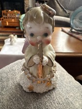 Napco Hand Painted Ceramic Angel Figurine 1950s Trumpet Star Accents Glossy 3.5” picture