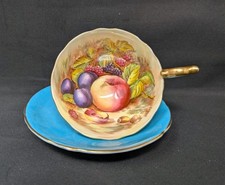 GORGEOUS Fruit Harvest TEACUP & SAUCER by Royal Aynsley BLUE D Jones VINTAGE picture