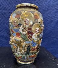 Japanese Satsuma Style Moriage Figural Vase with Raised Scene 17” Tall picture