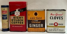4 Vintage Tins Cain's Cubes, Eight O'Clock Coffee Bank, Ann Page Ginger & Cloves picture