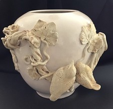 Vtg Thai Ceramic Vase Vessel With Birds Snake Grape Vines Sculptured Encrusted picture