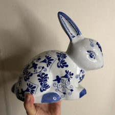 Blue & White Ceramic Rabbit Figurine Floral Pattern picture